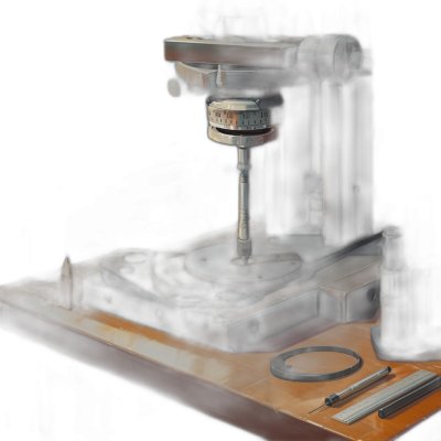 a digital painting of an engineering machine with tools and one ring on the table, dark background, realistic