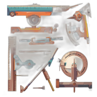 A set of tools for carpentry in the style of low poly, dark background, cartoon game art, dark orange and light blue, 3D render, cartoonish design elements, high resolution