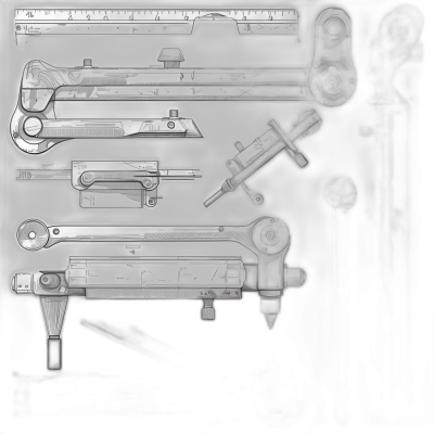 black and white digital art, 4 different metal tools, on a dark background, one is a ruler with its end pointing to the bottom right corner, another tool has two parts attached at their ends, and it's also facing towards the upper left hand side, next there is a tool that resembles. The other tool looks like an iron bar. All these objects look translucent or transparent. It seems as if they were captured in an x-ray style. Black background, only the object outlines are visible.