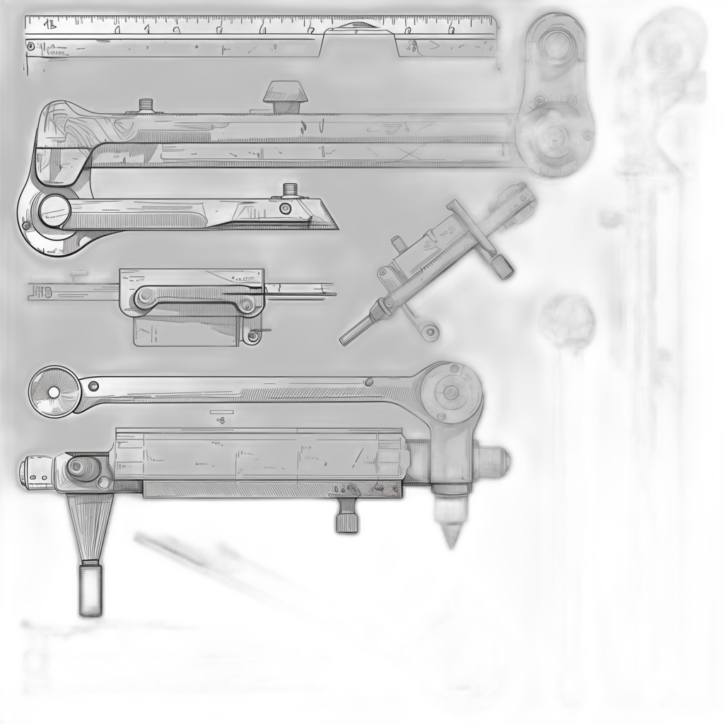 black and white digital art, 4 different metal tools, on a dark background, one is a ruler with its end pointing to the bottom right corner, another tool has two parts attached at their ends, and it’s also facing towards the upper left hand side, next there is a tool that resembles. The other tool looks like an iron bar. All these objects look translucent or transparent. It seems as if they were captured in an x-ray style. Black background, only the object outlines are visible.