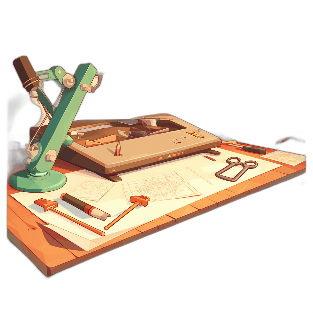 A simple drawing of an old school wooden workbench with tools and paper on it, in a 2d game art style cartoon game scene, in the style of Pixar animation. A 3D render cartoon illustration with a bold color palette, from a low angle shot with a wideangle lens, soft lighting creates a warm atmosphere.