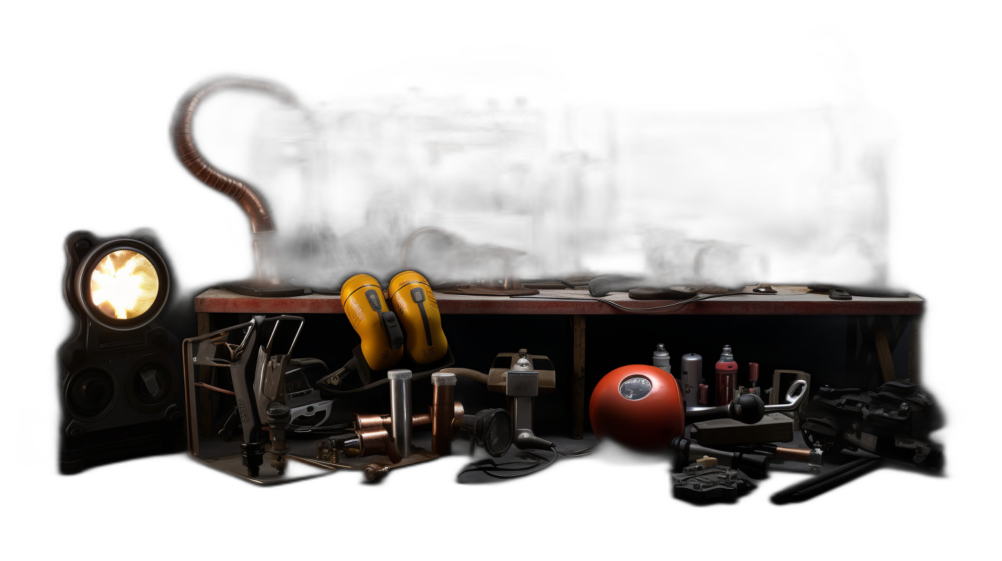 A dark room is shown with a table full of various tools and equipment, including an electric lamp, a pair of yellow safety gloves, several copper pipes, some metal components, and a red sphere on the right side. Other objects are placed next to each other on the table against a black background. The scene is rendered in a hyper realistic style using Octane render in Unreal engine.