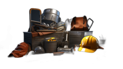 A collection of construction tools and equipment, including hard hats, in the style of a Pixar movie, on a black background, rendered with Octane Render. The scene includes an open tool box filled with various items like pipes, rocks, tools, pliers, safety gloves, a yellow helmet and more. There is also one big steel drum canister placed at the front right side of the picture, with "B decreases" written on it.