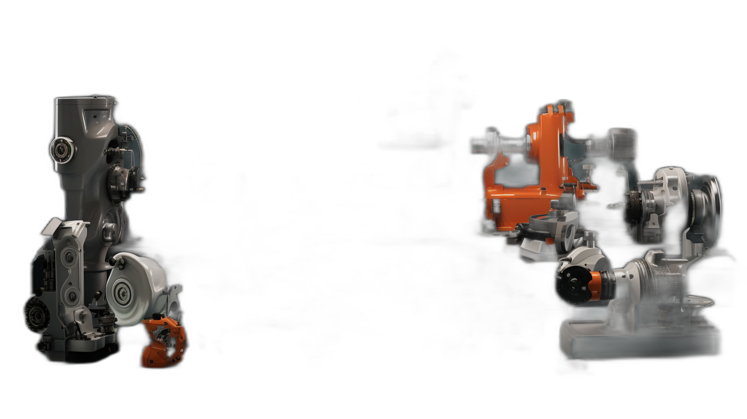 A side-by-side comparison of two mechanical machines, one in light gray and the other in orange against a black background. The left robot is made from plastic material with visible gears, while the robotic arm on the right uses iron materials.