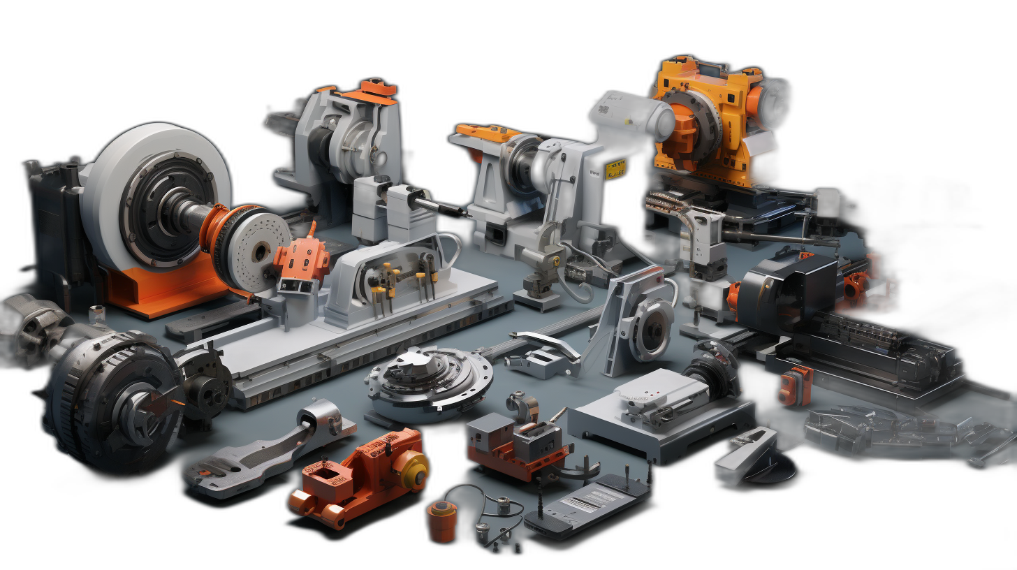 A photorealistic depiction of various heavy machinery and mechanical parts, including machine tools, tanks, windmills, gears, black background, 3D rendering with ray tracing for accurate lighting effects, in the style of product photography.