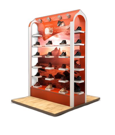 A stand for shoes in the form of an arch with shelves on which different models and colors of men's sneakers can be displayed, with large advertising space at the top, red orange color, desert landscape with dunes and sand, with "O.Component" logo and text written in white letters, a photorealistic rendering in the style of a 3D model rendering with high resolution on a black background with studio lighting.