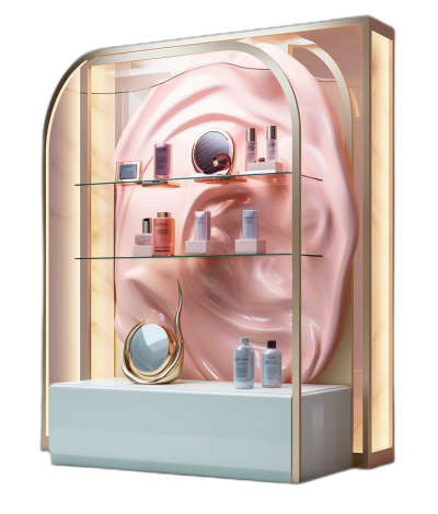 3D rendering, an elegant display cabinet for cosmetics with pink silk and gold metal elements inside. It is a large ear shape made of glass and white acrylic material in the middle of which there were several bottles of skin care products, black background, symmetrical composition, soft lighting, front view, high resolution.