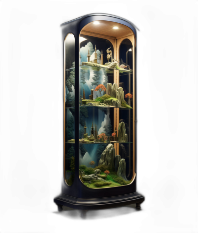 A cabinet of curiosities with an ethereal and fantasy landscape inside, black background, hyper realistic