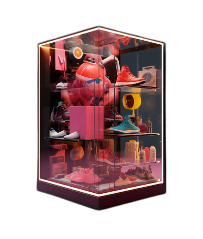 A hyperrealistic rendering of an open glass case containing various sports equipment and colorful sneakers, with a black background and pink light illuminating the items inside from the right side. The display cabinet is filled with products. The scene is captured from a frontal view, focusing on the showcase's design and layout. In front of it stands a basketball shaped sculpture made of a bright red color, casting soft shadows and creating depth against a dark backdrop.