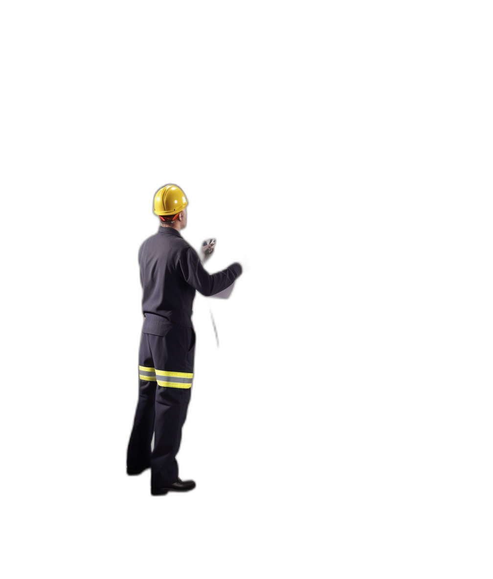 An American fireman in uniform stands with his back to the camera, holding an iPhone and writing on it in a full body shot against a black background in the style of photorealistic art.