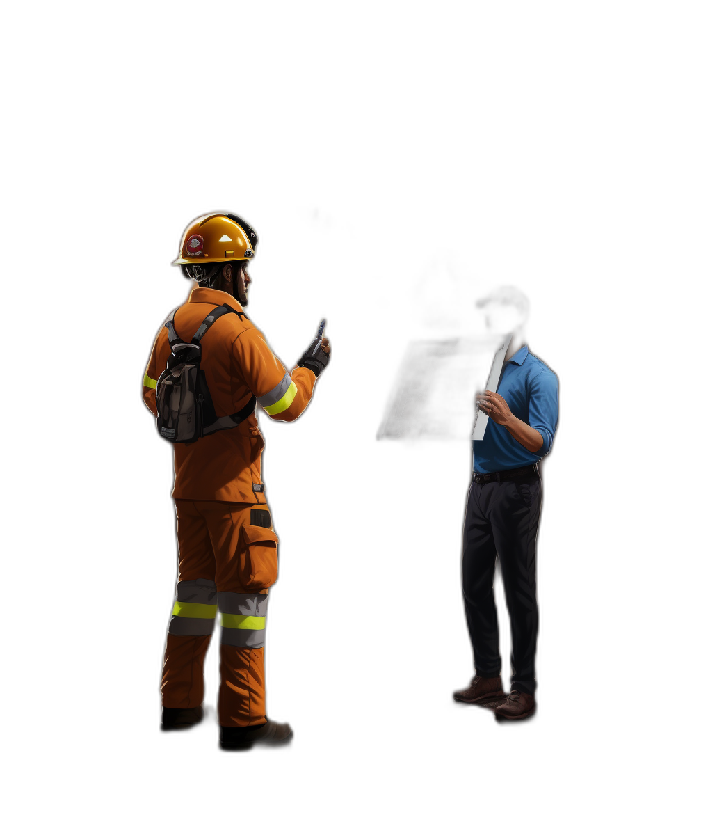 3D render of a firefighter standing and showing on the left side an X-ray paper to another man in a blue shirt against a black background, with a hyper realistic, cinematic light style. The render is in the style of a cinematic scene.