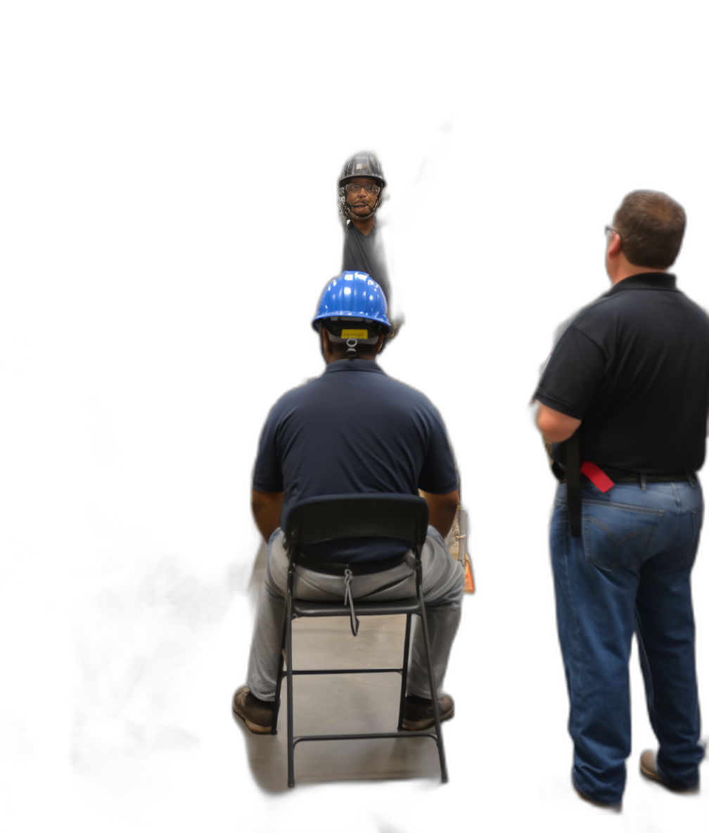 photorealistic photo of construction worker sitting on folding chair, facing camera with blue helmet and safety glasses in hand while standing up next to him is another man wearing jeans and black shirt talking about something to the seated one, black background, 35mm lens, f/2.8