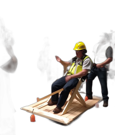 A person sitting on top of an empty wooden lawn chair being pulled up in the style of two people in high vis and hard hats, black background, photo realistic.