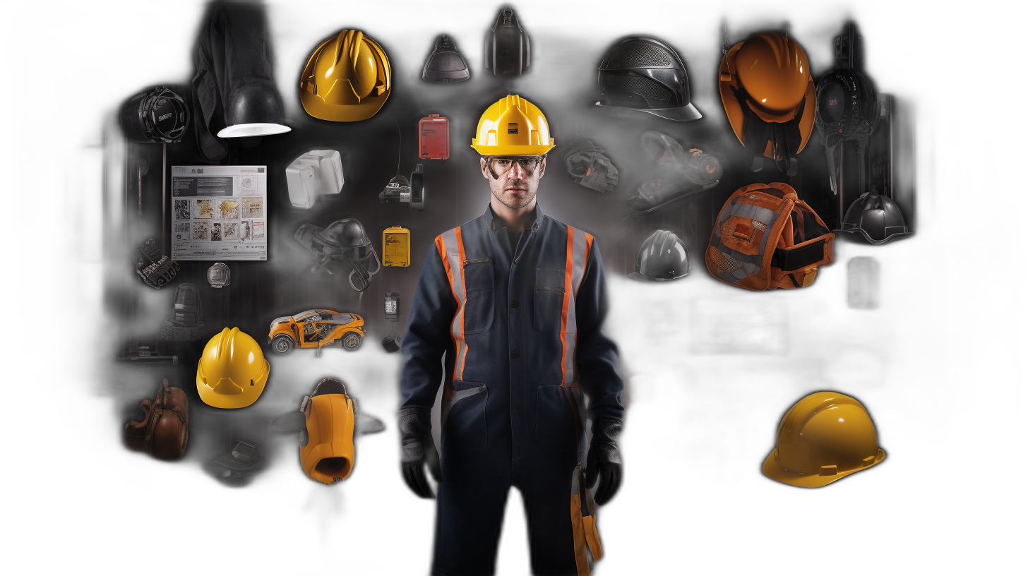 A professional portrait of an industrial worker surrounded by various safety equipment, including hard hats and reflective vests on a black background. The focus is sharp with high contrast lighting to highlight the textures in their  and accessories. In front there is a large poster showing icons for other safety products such as gloves or masks. This composition creates a style that emphasizes attention to detail when using these items at the work place.