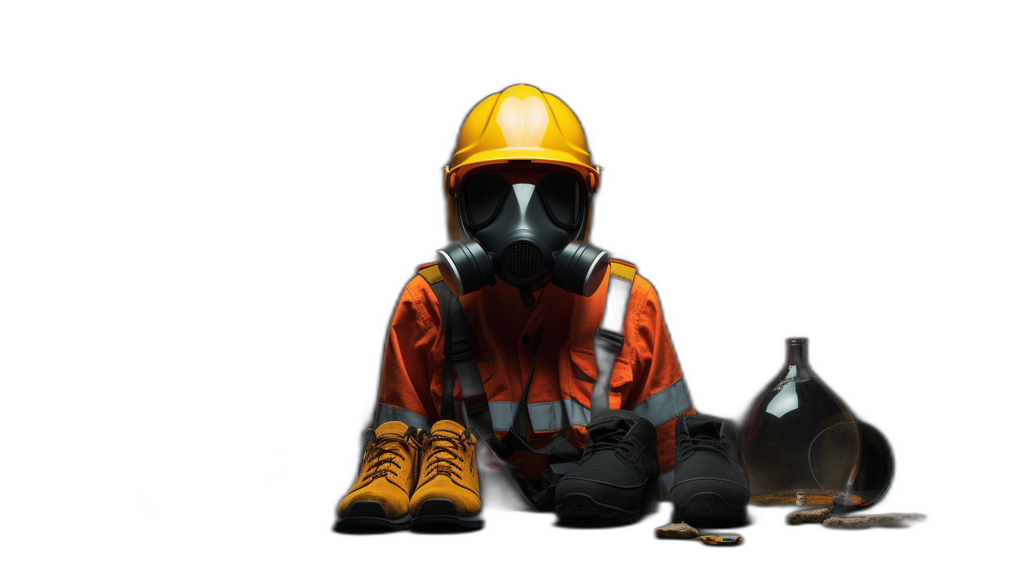 workwear and safety shoes on a black background, wearing a gas mask with an air wallpaper, a construction worker in a high vis orange uniform, an industrial protection helmet for safety at work during the use of flasks or glass bottles, a full body portrait in the style of a copy space banner template stock photo contest winner