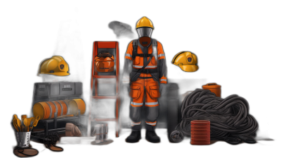 A realistic illustration of an industrial worker's uniform, with a safety helmet and other working equipment on the ground, against a black background, with a dark orange color scheme. It depicts different types of cats in the style of air cavalier hat, with a rope and ladder in front, along with a yellow hard hat and some small tools around them. A full body shot at high resolution.