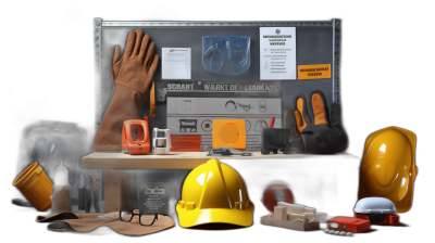 A display featuring various safety equipment, including gloves and hard hats with signs on them for industrial workers, such as "Scart work of divm knock", surrounded by small models of different shapes, textures, materials, colors, shapes, lighting effects, black background, product photography, advertising posters, highdefinition images, studio lights, product packaging design, and product information printed on the box.