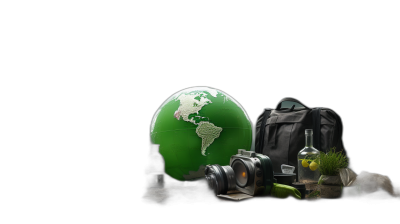 green earth globe with outline of north and south america on a black background, next to it is an open backpack containing camera equipment. A green glass vial filled with water inside the bag, some grass in front of the Earth. Photography in the style of hyper realistic and cinematic.