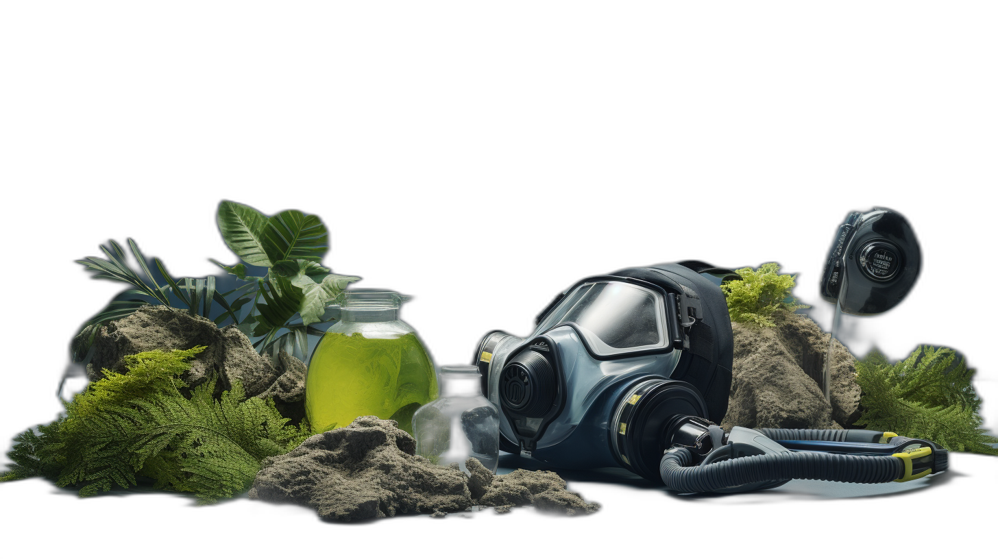 A hyperrealistic photo of an industrial air mask and other hazmat equipment, surrounded by mossy rocks, ferns, plastic bottles filled with green liquid, all on black background.