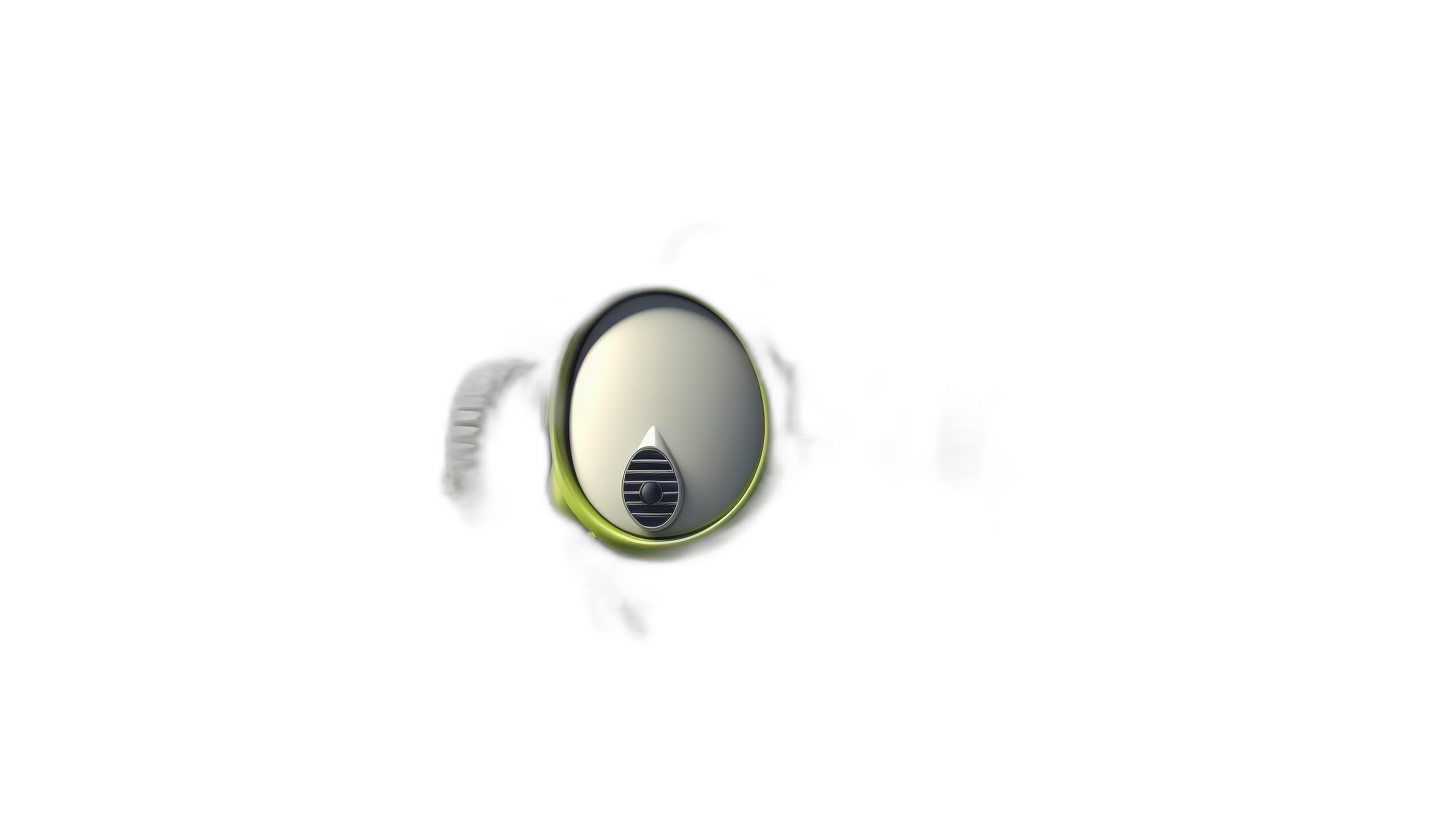 a simple modern and minimalistic design of the electronic earpiece for apple vision pro, floating in black background, neon green rim light, camera is centered behind it, close up, macro lens, shallow depth of field, shot on fujifilm xt4