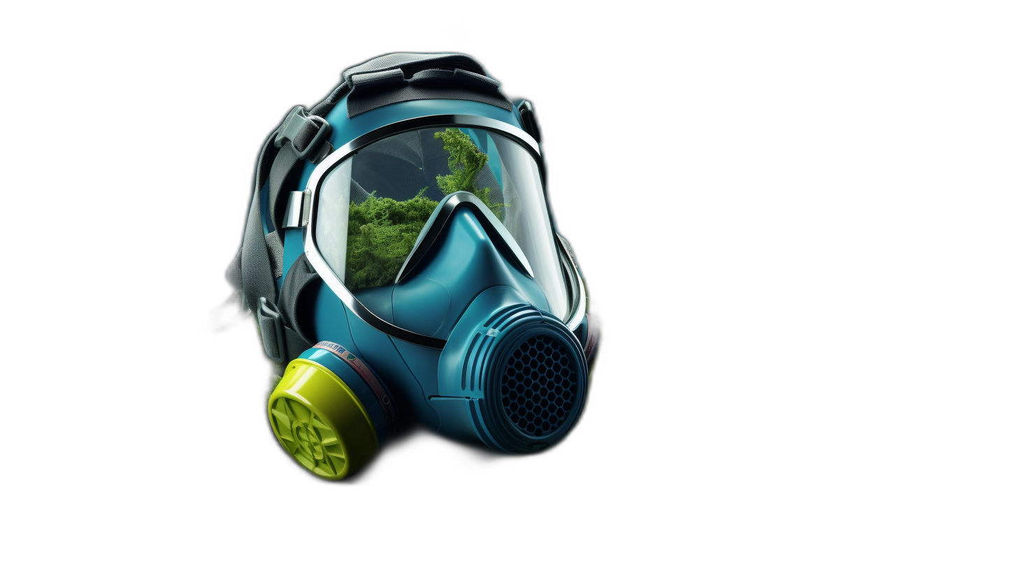 modern gas mask with small amount of green vegetation growing inside it, blue and yellow colors on black background, product photography