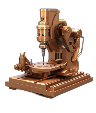 3D rendering of a simple steampunk small drilling machine made of copper material in the style of isometric view on a black background.