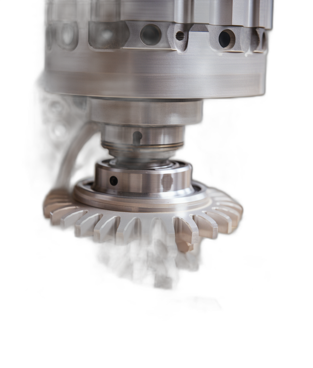 a closeup photo of an industrial cnc machine creating the shape and depth of gear teeth, isolated on black background, with soft shadows, hyperrealistic, macro photography, taken by Sony Alpha A7 III camera with a wideangle lens at f/8 aperture setting, natural light from above illuminates the scene