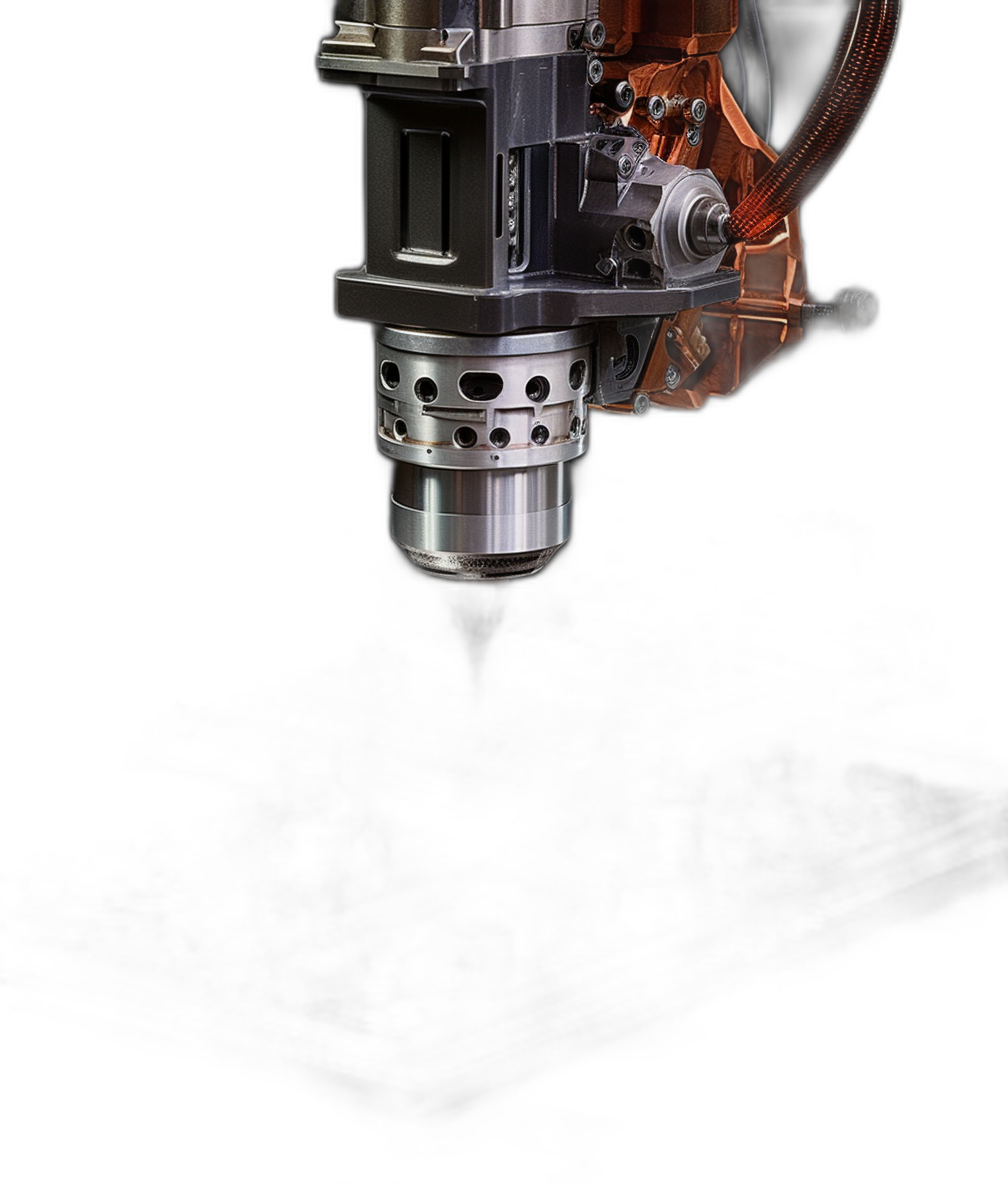 An industrial laser drill with an orange and silver body against a black background in product photography, close up, hyper realistic style.