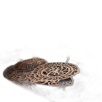 A rose gold lasercut delicate circular pattern with filigree and intricate details, lying on the ground, black background, dark lighting, macro photography, high resolution, cinematic, sharp focus, no blur, depth of field