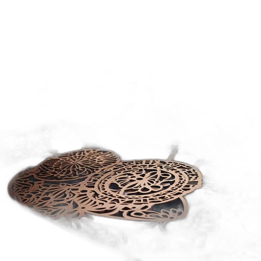 A rose gold lasercut delicate circular pattern with filigree and intricate details, lying on the ground, black background, dark lighting, macro photography, high resolution, cinematic, sharp focus, no blur, depth of field