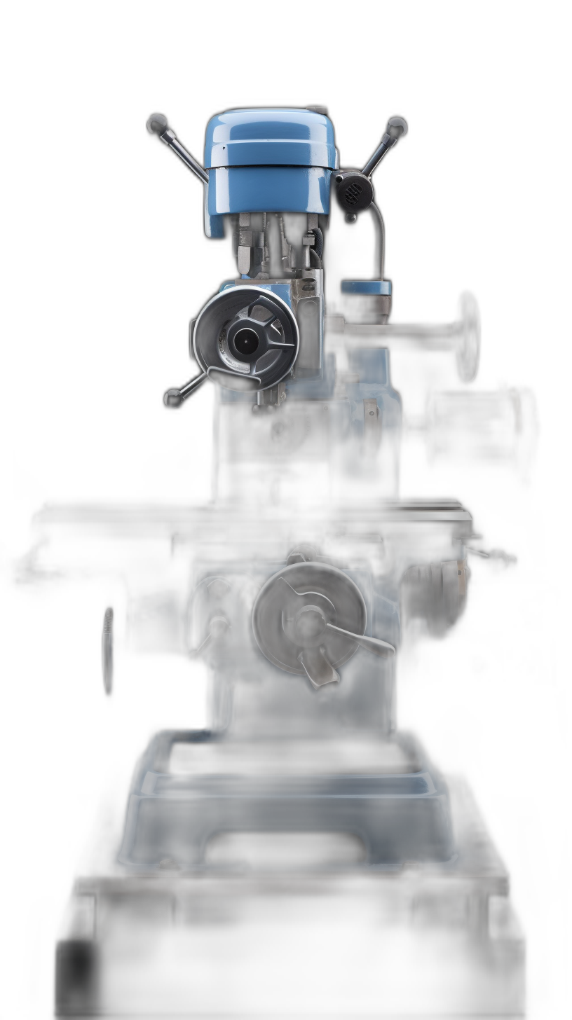 A photo of an industrial lathe and mill machine with blue colour on the top, dark background, high contrast, studio lighting, product photography, shot in the style of David Newton.