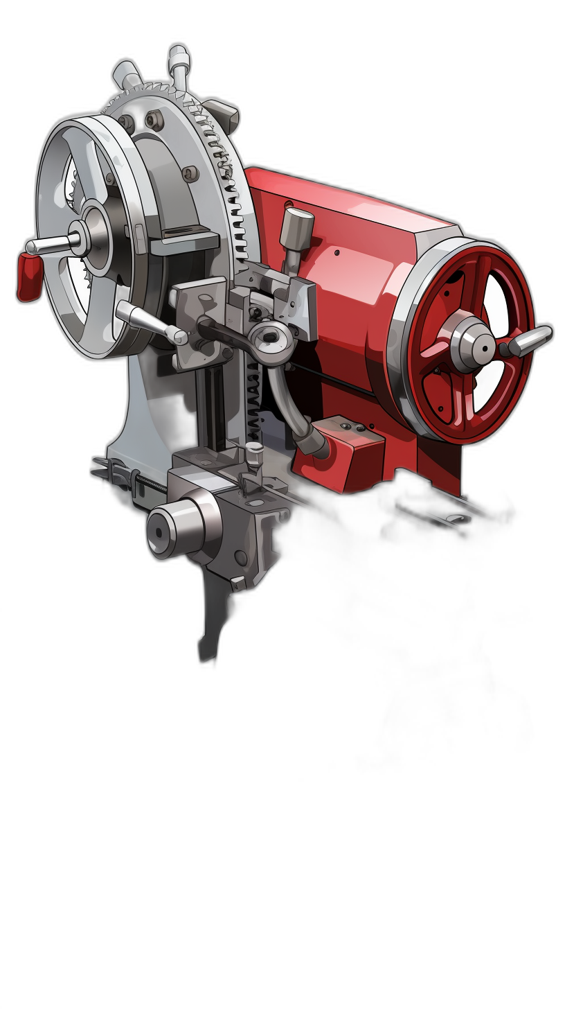 A side view of an old fashioned red and silver electric motor with two visible blades, on a black background, in the style of a cartoonish character design, rendered in Maya, with vibrant illustrations featuring a color palette of deep grays and shiny reds, showcasing digital airbrush artistry.