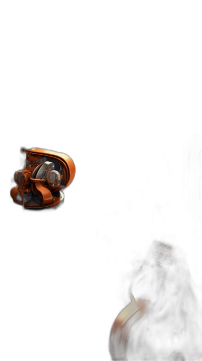 A minimalistic, ultra realistic photo that the left side of an orange futuristic robot is floating in black space and right corner there's a dark brown color musical instrument guitar. The background should be pure black to emphasize the subject. The style should embody hyperrealism with cinematic lighting and shadows. It must convey highdetailness and the overall aesthetic has a vintage touch.