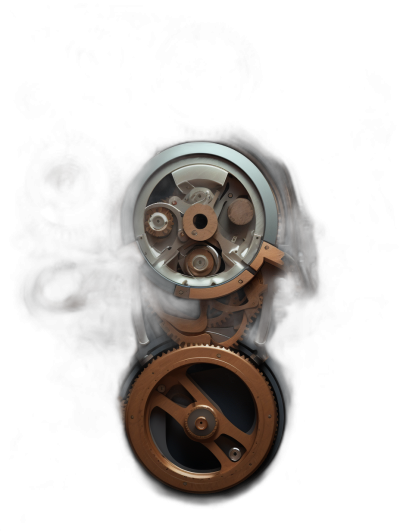 A watch engine, copper and silver gears, on black background, dark moody lighting, hyper realistic photography