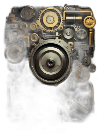 A photo of an engine with various gears and cogs, representing the mechanical power behind advertising creation.. dark background, detailed illustration, high resolution digital art in hyper realistic style