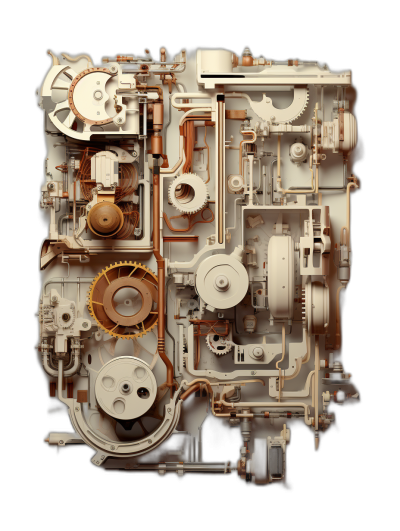A highly detailed white mechanical engine cross section made of plastic, copper and wood on a black background, in the style of [Daniel Arsham](https://goo.gl/search?artist%20Daniel%20Arsham) and Gustave Klimt. Octane render, studio photography, soft lighting, top view, perspective, photorealistic, volumetric light, rim light, cinematic composition, high resolution rendering.