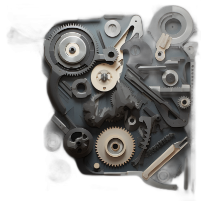 A minimalistic collage of various tools and gears, creating an abstract representation of mechanical engineering on a black background. The composition should emphasize the interplay between shapes and textures to evoke the essence of machinery design. Use soft lighting to highlight details in neutral tones with subtle shadows to add depth. Focus attention is drawn towards a single gear as it stands out from its surroundings.