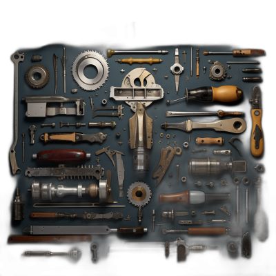 a collection of various tools and parts arranged in an intricate pattern on dark background, showcasing the diversity and complexity of each tool., photo realistic, hyperrealistic, photography, cinematic