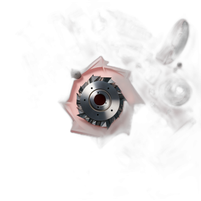 A top view of a pink paper shaped like a waterman's engine, with metal edges and blades. The dark black background has no shadows or reflections. In front lies one small red plastic piece. Capture the scene from above as if taken with a Canon eos r5 camera using a 20mm lens at f/4 aperture to capture the entire subject. Use soft lighting to highlight details in the style of Canon eos r5 camera.