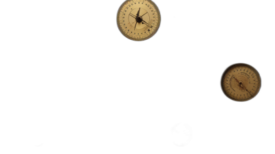 Three vintage clocks floating in the air on a black background, in a low angle shot with a wide angle lens in a top view at high resolution.