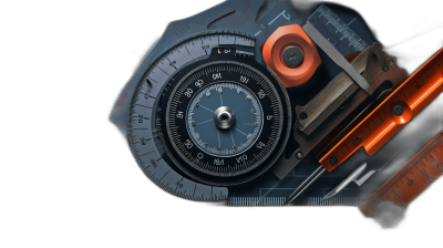 A digital illustration of an all-in-one tools and instruments set including a compass, protractor, and ruler in a side view on a dark background with orange light on the right side, rendered in a hyper realistic, 3D style with close up product photography at a high resolution, high detail, and high contrast, featuring a cool color grading in the style of Octane Render or Blender, with a black border and black background and the text "pilgrim" at the top center.
