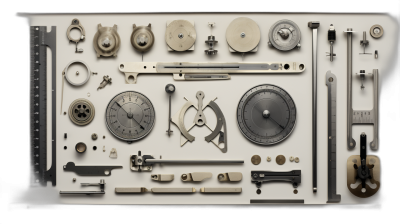 A knolling photograph of various tools and parts used in clockmaking, arranged on the white surface with perfect symmetry. The camera captures every detail from top to bottom, showcasing each tool's design and functionality. Soft lighting creates gentle shadows that accentuate textures and shapes. This is an iconic knolling illustration in the style of Martin Krubiceka.