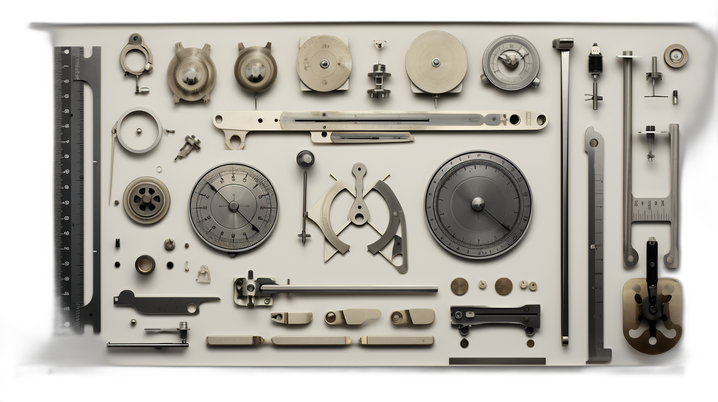 A knolling photograph of various tools and parts used in clockmaking, arranged on the white surface with perfect symmetry. The camera captures every detail from top to bottom, showcasing each tool’s design and functionality. Soft lighting creates gentle shadows that accentuate textures and shapes. This is an iconic knolling illustration in the style of Martin Krubiceka.