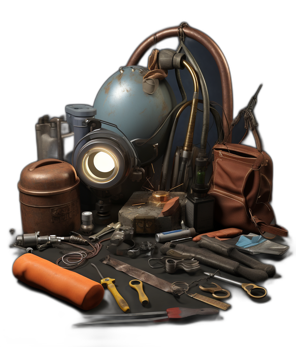 A collection of tools and equipment used in the world, including an old style diving helmet with flashlights, work gloves, copper tubes, cloth bag for storage, small metal box, leather aviator shoes, some carpentry items, and various other parts such as scissors, pliers, wires, etc., on a black background, in the style of game art, in the style of blender rendering, 3d render, game design, hyper realistic.