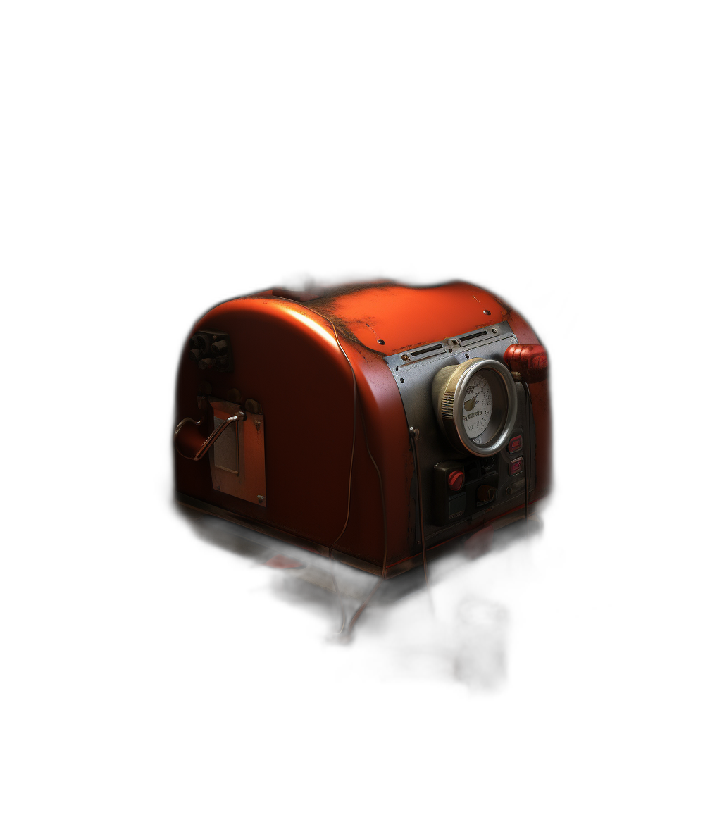 3D render of an old retrofuturistic red toaster on a black background, isometric view, cinematic lighting in the style of Matterclair.