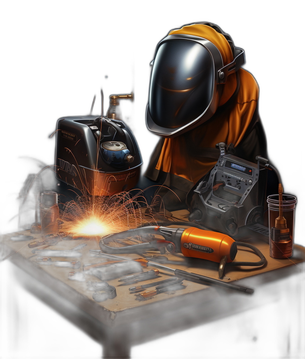 Wopper, welding equipment and tools on the table, dark background, digital art style, illustration painting, high resolution