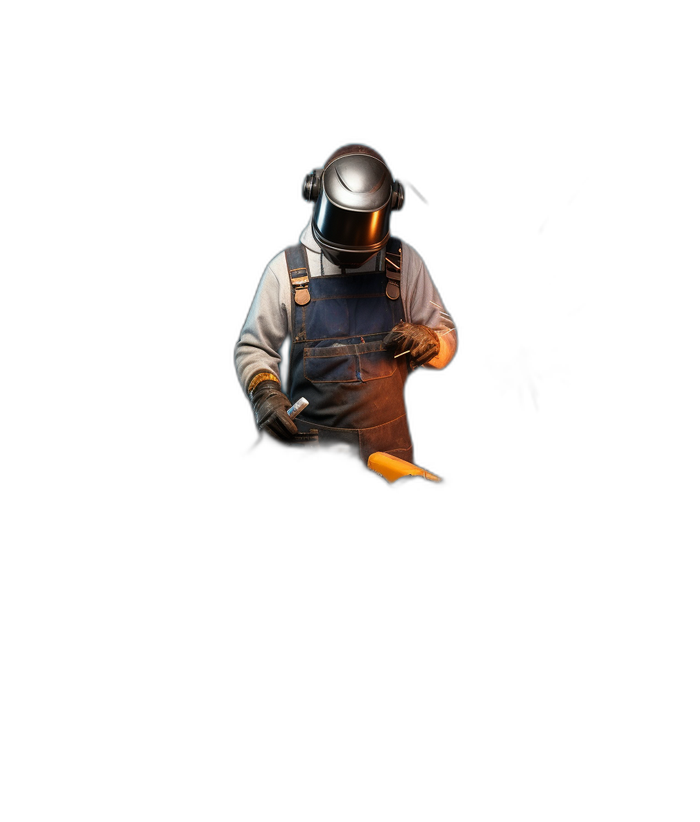 wetrayer in overalls with welding helmet, dark background, light from the right side, whole body, studio photo, high detail, hyperrealism, minimalism