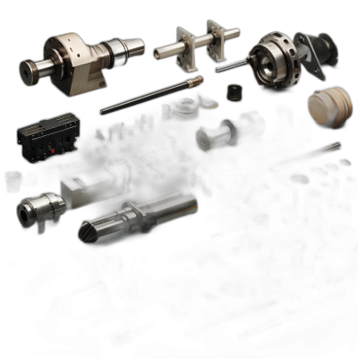 A collection of machine tool parts on a black background, including rack and pinion sheet piezo-locked components with a dark metal texture. A small black pen is placed next to the objects, in the style of various artists.