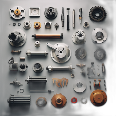 A collection of various mechanical parts and tools, including gears, cogs, sprockets, arranged in an aesthetically pleasing composition, with each piece placed on its own flat surface. The colors include shades of gray, silver, bronze, copper, all captured from above, creating a realistic photorealistic effect. This is a full-length shot in the style of the camera.