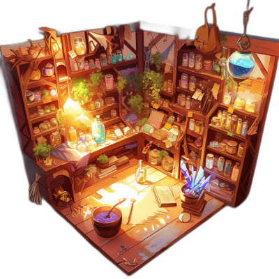 Isometric art of an alchemist's shop, filled with potions and magical items, with warm lighting. The shop is depicted in the style of Liu Runhui.